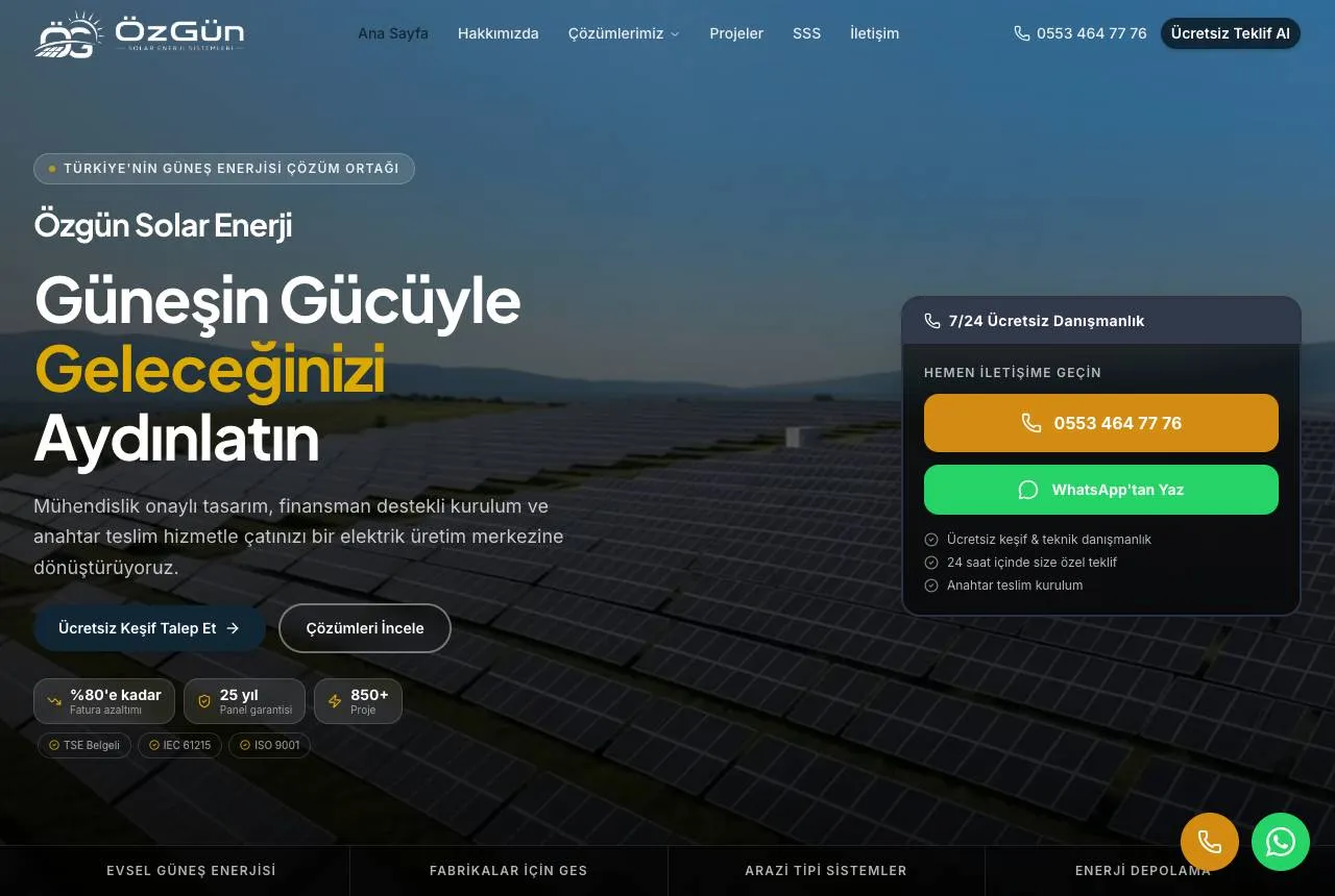 Özgün Solar Enerji — Balkı Digital tarafından geliştirilen web sitesi