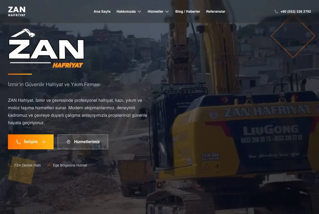 ZAN Hafriyat — Balkı Digital tarafından geliştirilen web sitesi
